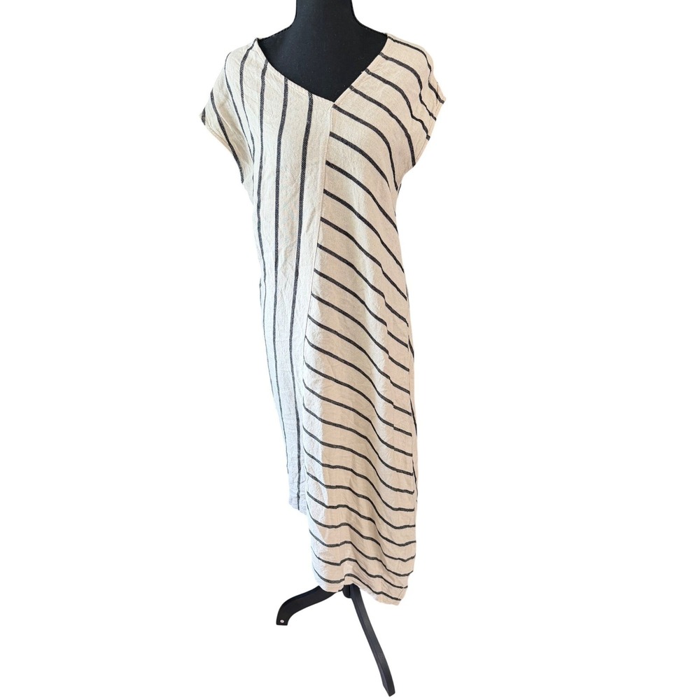 Tahari Linen Blend Striped Maxi Dress V-Neck Asymmetric Hem Cream Black Small